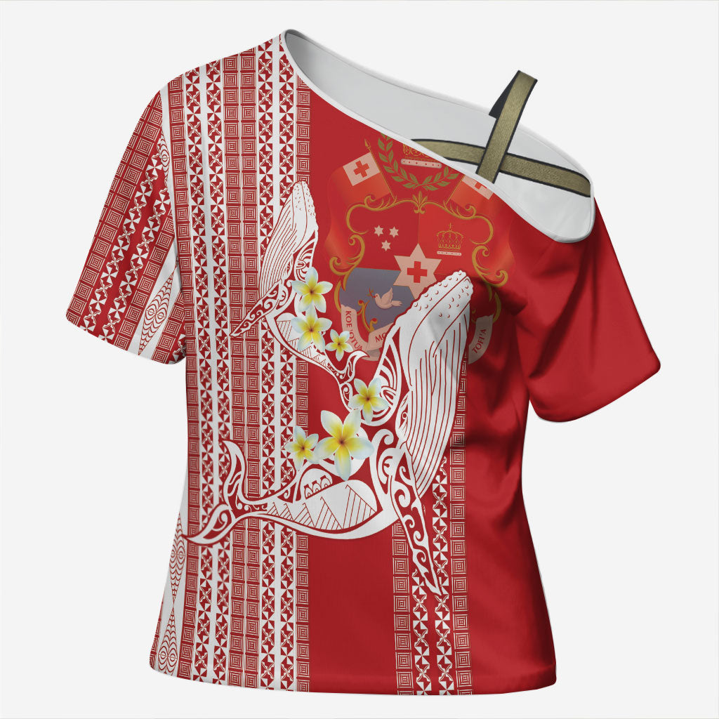Swimming With Humpback Whales Season Tonga Cross Shoulder Shirt Tongan Tofuaa Ngatu Pattern Red