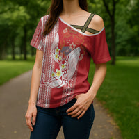 Swimming With Humpback Whales Season Tonga Cross Shoulder Shirt Tongan Tofuaa Ngatu Pattern Red