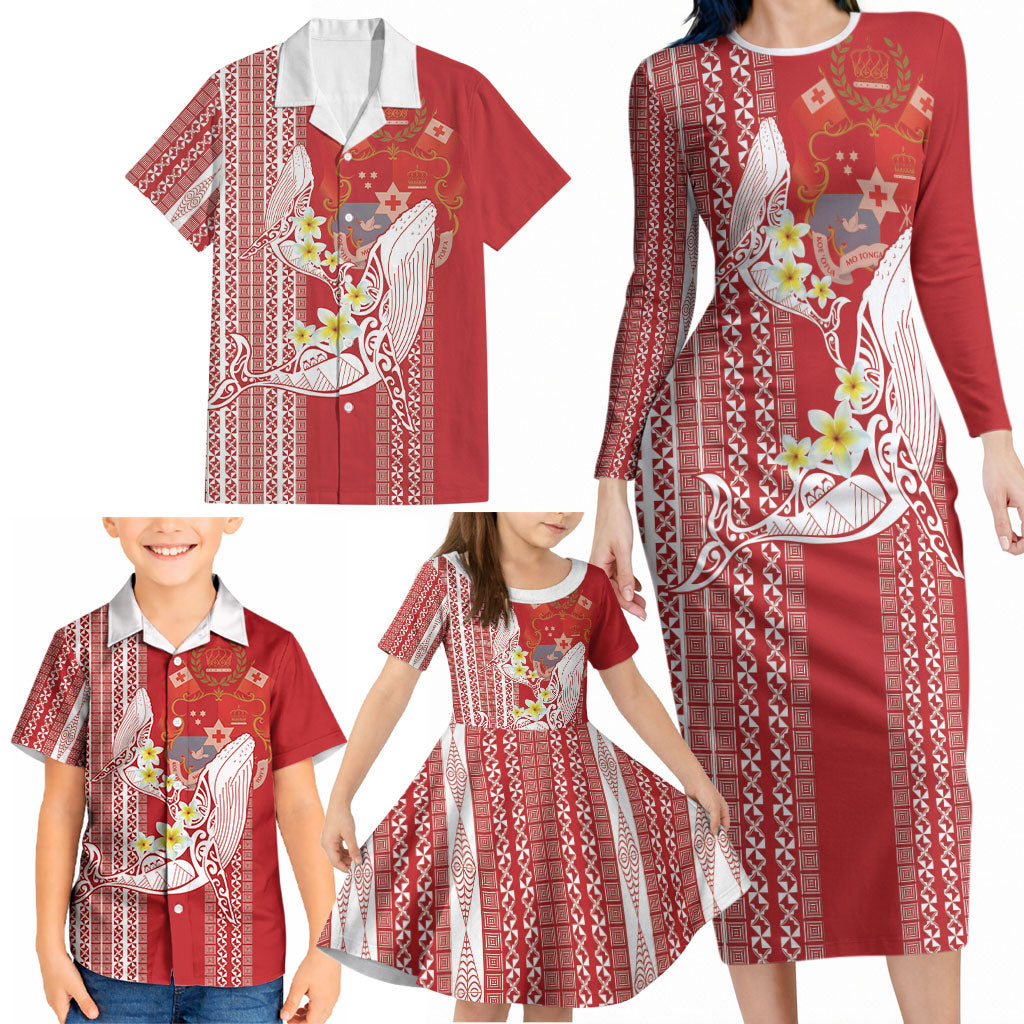 Swimming With Humpback Whales Season Tonga Family Matching Long Sleeve Bodycon Dress and Hawaiian Shirt Tongan Tofuaa Ngatu Pattern Red LT14 - Polynesian Pride
