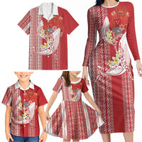 Swimming With Humpback Whales Season Tonga Family Matching Long Sleeve Bodycon Dress and Hawaiian Shirt Tongan Tofuaa Ngatu Pattern Red