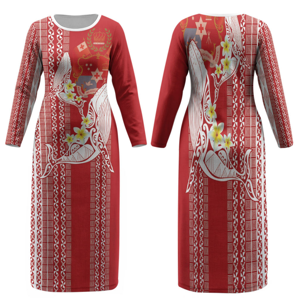 Swimming With Humpback Whales Season Tonga Family Matching Long Sleeve Bodycon Dress and Hawaiian Shirt Tongan Tofuaa Ngatu Pattern Red