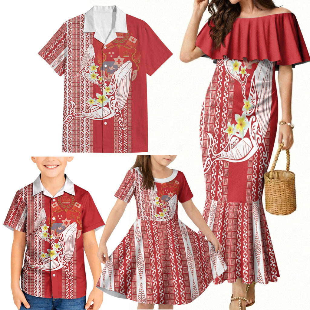 Swimming With Humpback Whales Season Tonga Family Matching Mermaid Dress and Hawaiian Shirt Tongan Tofuaa Ngatu Pattern Red