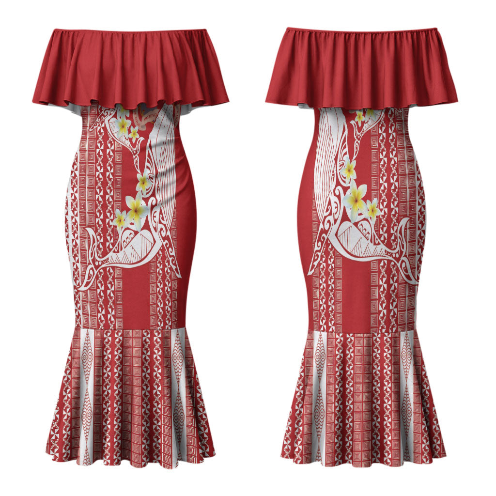 Swimming With Humpback Whales Season Tonga Family Matching Mermaid Dress and Hawaiian Shirt Tongan Tofuaa Ngatu Pattern Red