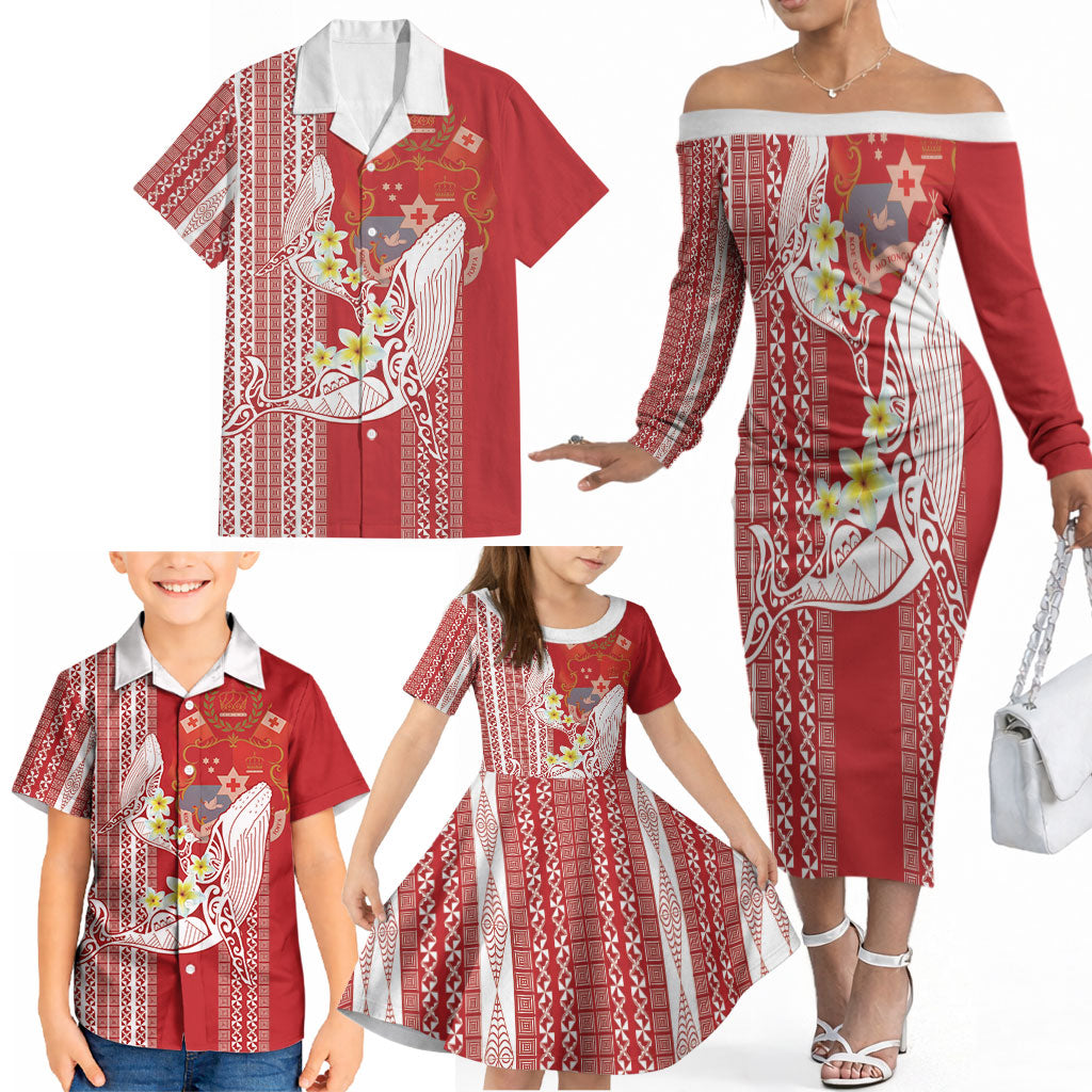 Swimming With Humpback Whales Season Tonga Family Matching Off The Shoulder Long Sleeve Dress and Hawaiian Shirt Tongan Tofuaa Ngatu Pattern Red