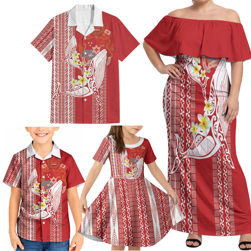 Swimming With Humpback Whales Season Tonga Family Matching Off Shoulder Maxi Dress and Hawaiian Shirt Tongan Tofuaa Ngatu Pattern Red