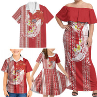 Swimming With Humpback Whales Season Tonga Family Matching Off Shoulder Maxi Dress and Hawaiian Shirt Tongan Tofuaa Ngatu Pattern Red