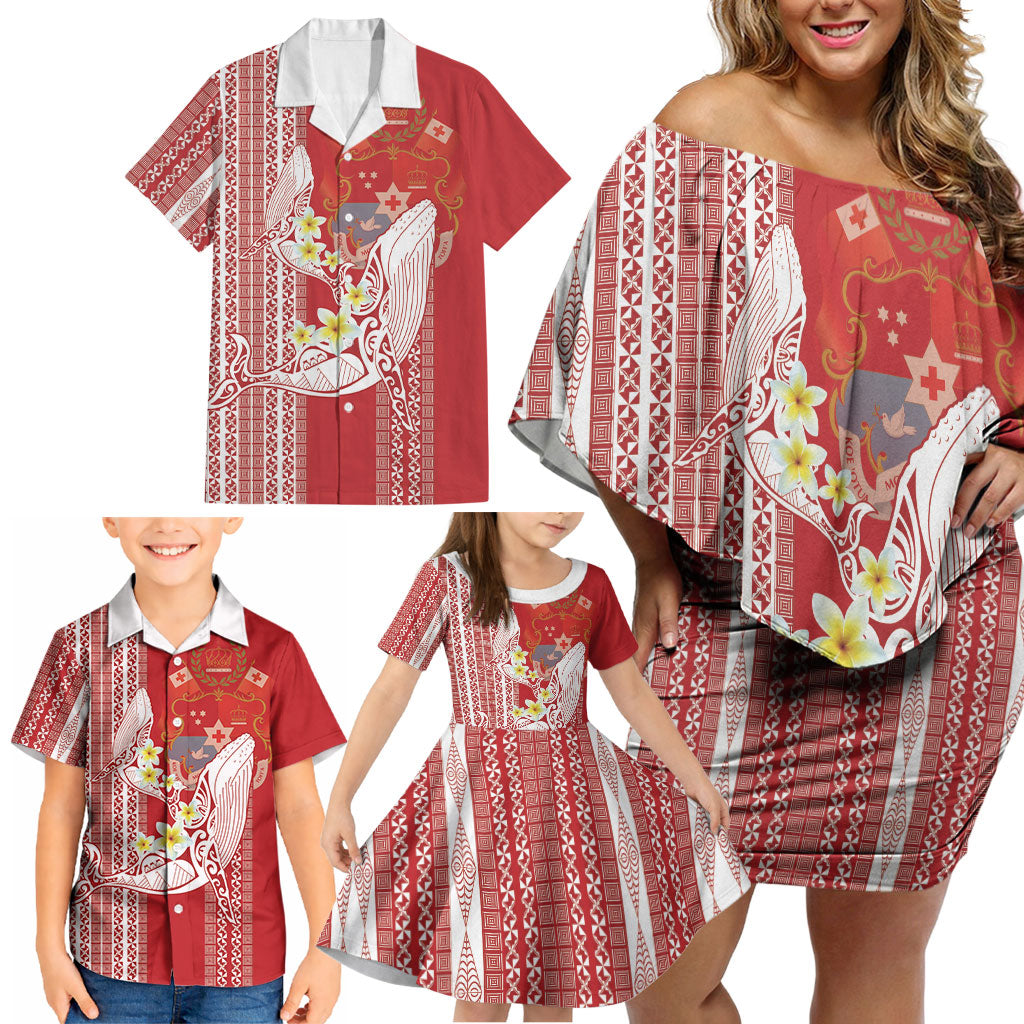 Swimming With Humpback Whales Season Tonga Family Matching Off Shoulder Short Dress and Hawaiian Shirt Tongan Tofuaa Ngatu Pattern Red