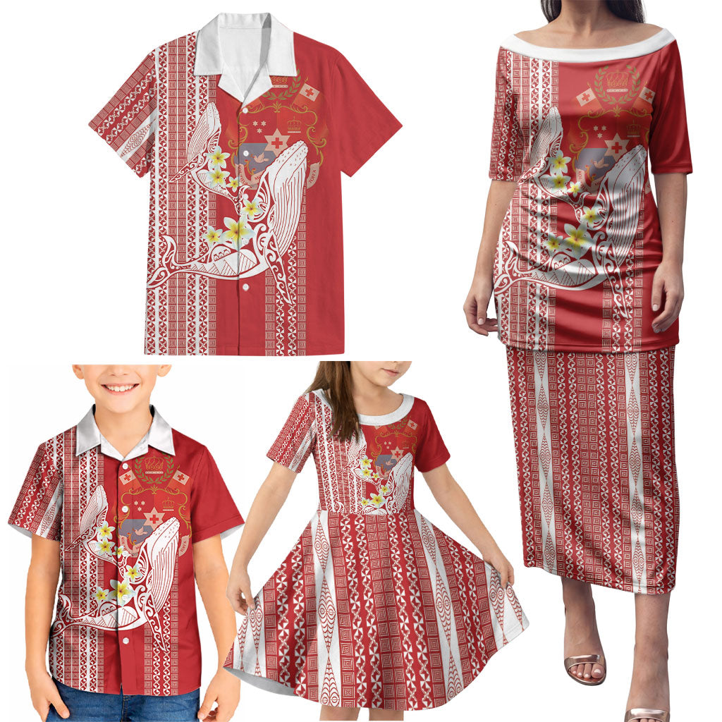 Swimming With Humpback Whales Season Tonga Family Matching Puletasi and Hawaiian Shirt Tongan Tofuaa Ngatu Pattern Red