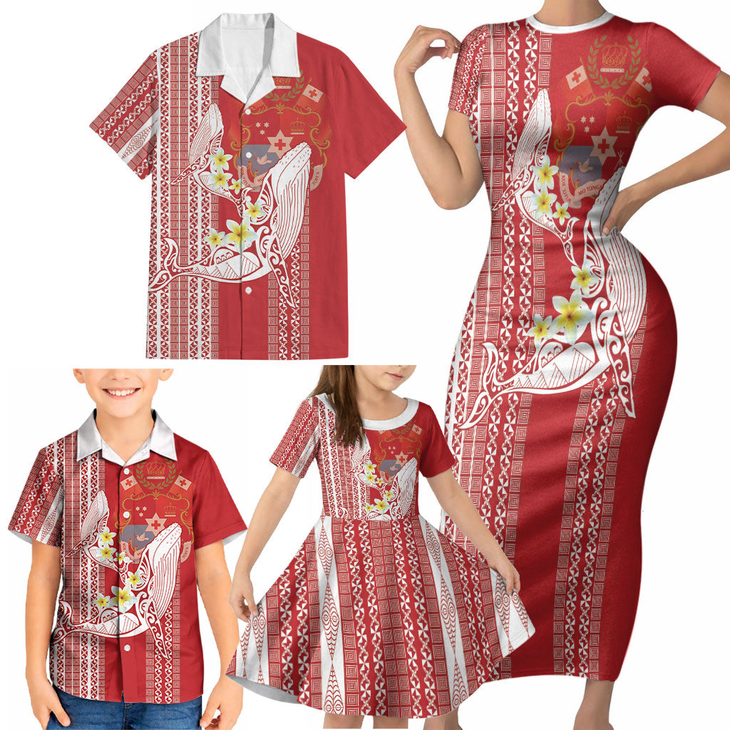 Swimming With Humpback Whales Season Tonga Family Matching Short Sleeve Bodycon Dress and Hawaiian Shirt Tongan Tofuaa Ngatu Pattern Red