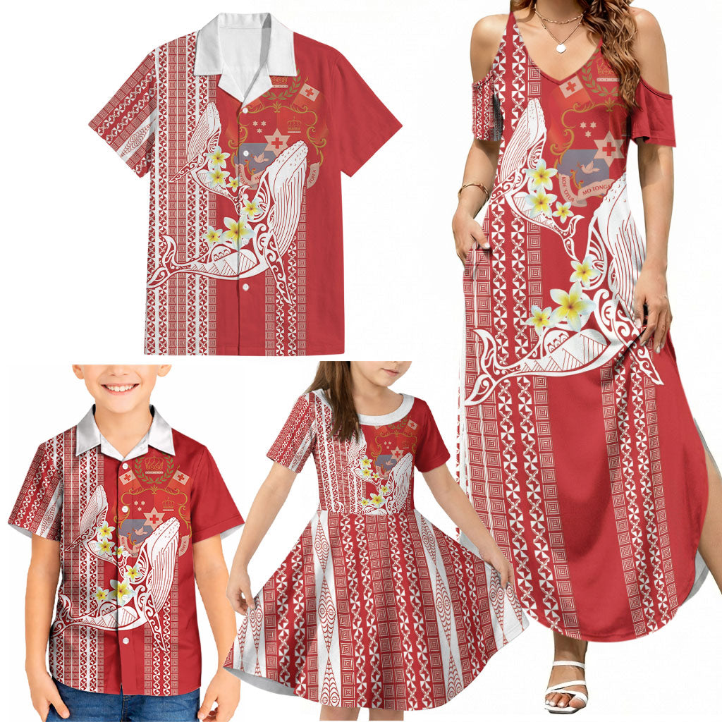 Swimming With Humpback Whales Season Tonga Family Matching Summer Maxi Dress and Hawaiian Shirt Tongan Tofuaa Ngatu Pattern Red