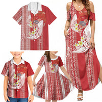 Swimming With Humpback Whales Season Tonga Family Matching Summer Maxi Dress and Hawaiian Shirt Tongan Tofuaa Ngatu Pattern Red