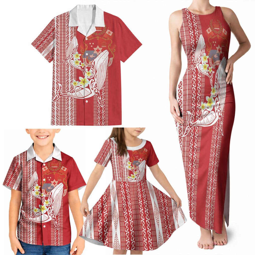 Swimming With Humpback Whales Season Tonga Family Matching Tank Maxi Dress and Hawaiian Shirt Tongan Tofuaa Ngatu Pattern Red
