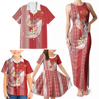 Swimming With Humpback Whales Season Tonga Family Matching Tank Maxi Dress and Hawaiian Shirt Tongan Tofuaa Ngatu Pattern Red