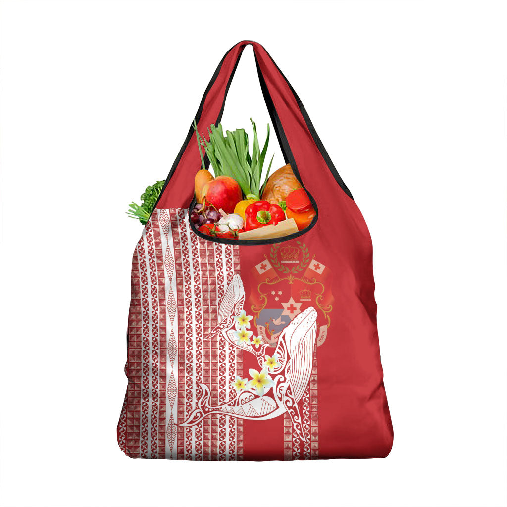 Swimming With Humpback Whales Season Tonga Grocery Bag Tongan Tofuaa Ngatu Pattern Red