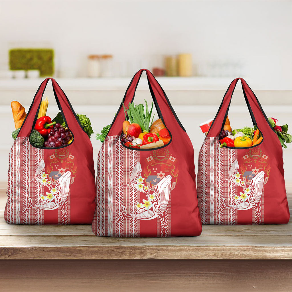 Swimming With Humpback Whales Season Tonga Grocery Bag Tongan Tofuaa Ngatu Pattern Red