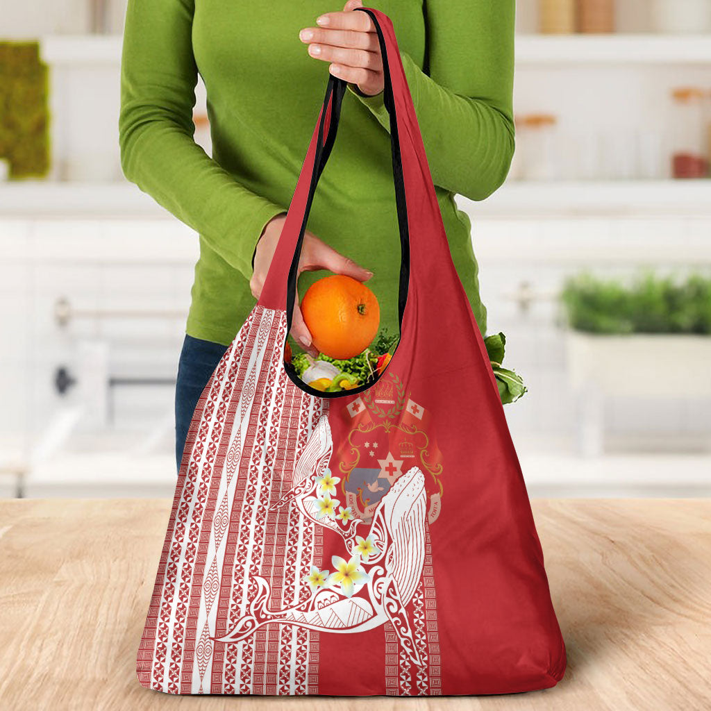 Swimming With Humpback Whales Season Tonga Grocery Bag Tongan Tofuaa Ngatu Pattern Red