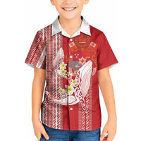 Swimming With Humpback Whales Season Tonga Kid Hawaiian Shirt Tongan Tofuaa Ngatu Pattern Red