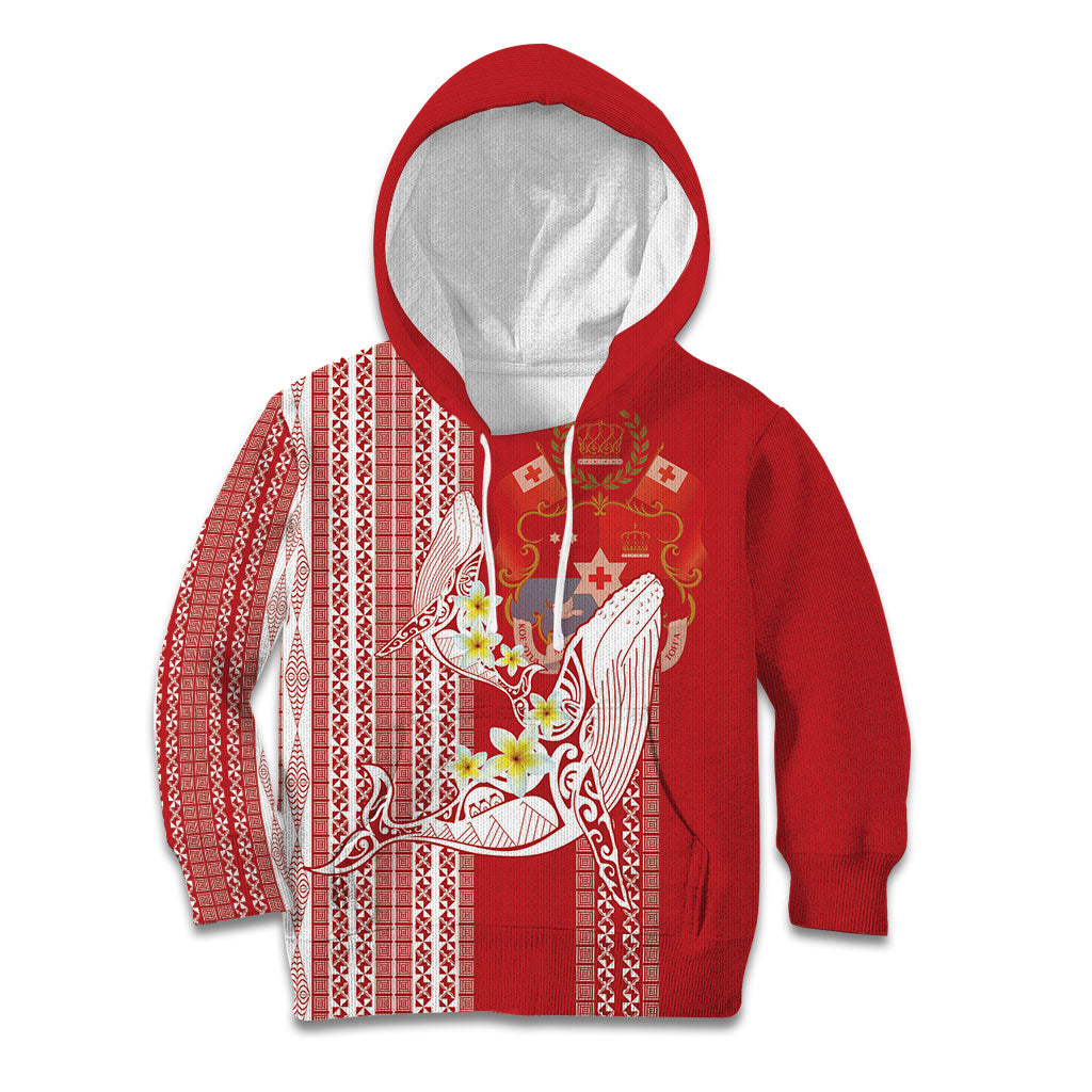 Swimming With Humpback Whales Season Tonga Kid Hoodie Tongan Tofuaa Ngatu Pattern Red