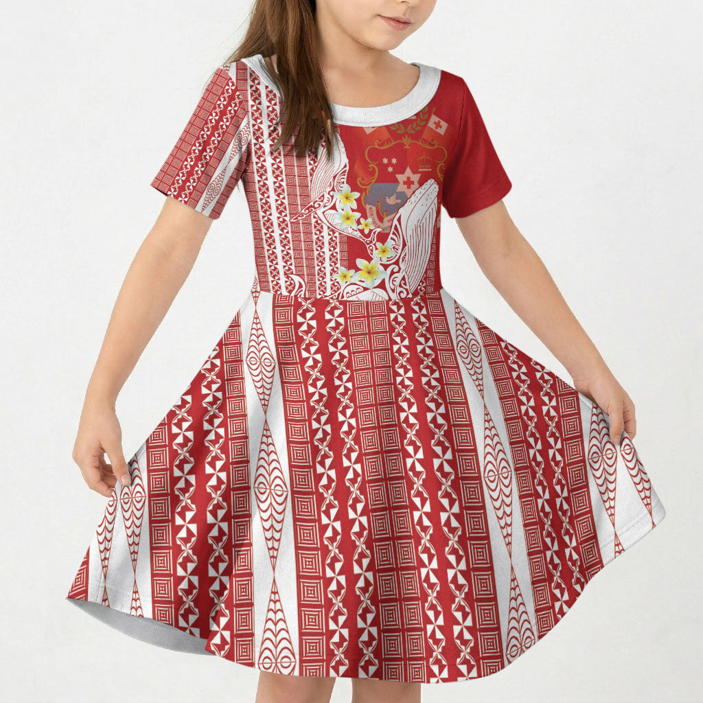 Swimming With Humpback Whales Season Tonga Kid Short Sleeve Dress Tongan Tofuaa Ngatu Pattern Red