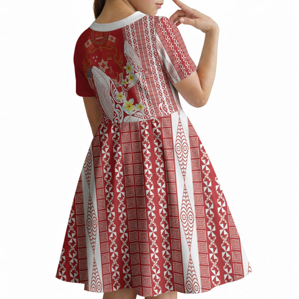 Swimming With Humpback Whales Season Tonga Kid Short Sleeve Dress Tongan Tofuaa Ngatu Pattern Red