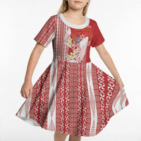Swimming With Humpback Whales Season Tonga Kid Short Sleeve Dress Tongan Tofuaa Ngatu Pattern Red