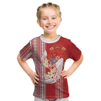 Swimming With Humpback Whales Season Tonga Kid T Shirt Tongan Tofuaa Ngatu Pattern Red