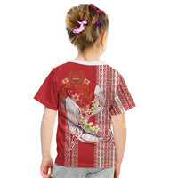 Swimming With Humpback Whales Season Tonga Kid T Shirt Tongan Tofuaa Ngatu Pattern Red