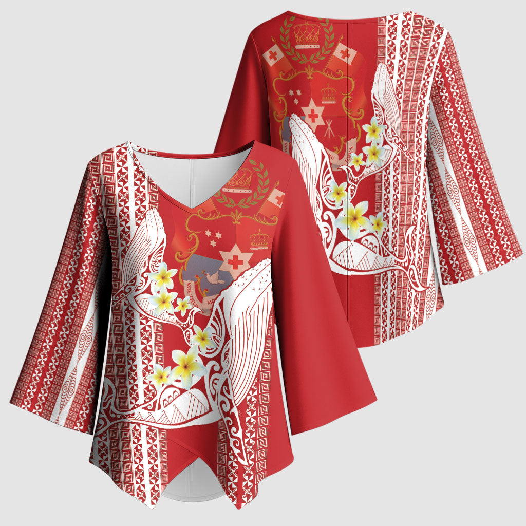 Swimming With Humpback Whales Season Tonga Kimono Sleeve Blouse Tongan Tofuaa Ngatu Pattern Red