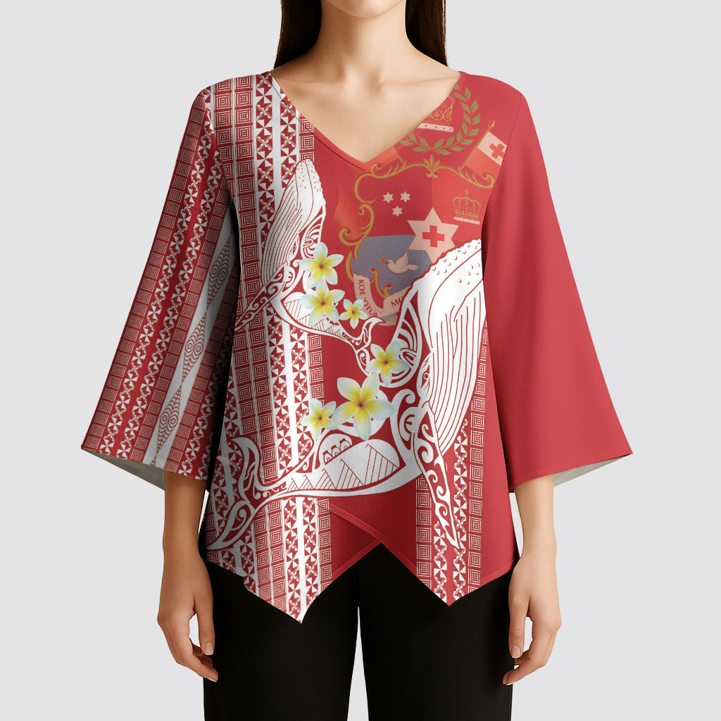 Swimming With Humpback Whales Season Tonga Kimono Sleeve Blouse Tongan Tofuaa Ngatu Pattern Red