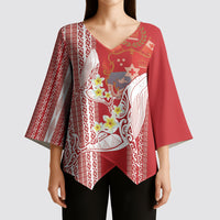 Swimming With Humpback Whales Season Tonga Kimono Sleeve Blouse Tongan Tofuaa Ngatu Pattern Red