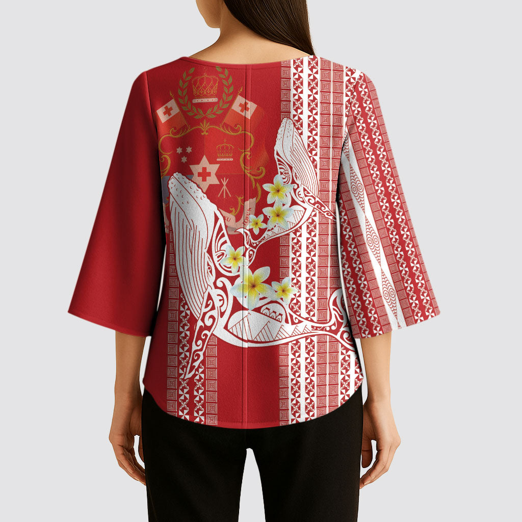 Swimming With Humpback Whales Season Tonga Kimono Sleeve Blouse Tongan Tofuaa Ngatu Pattern Red