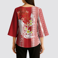 Swimming With Humpback Whales Season Tonga Kimono Sleeve Blouse Tongan Tofuaa Ngatu Pattern Red
