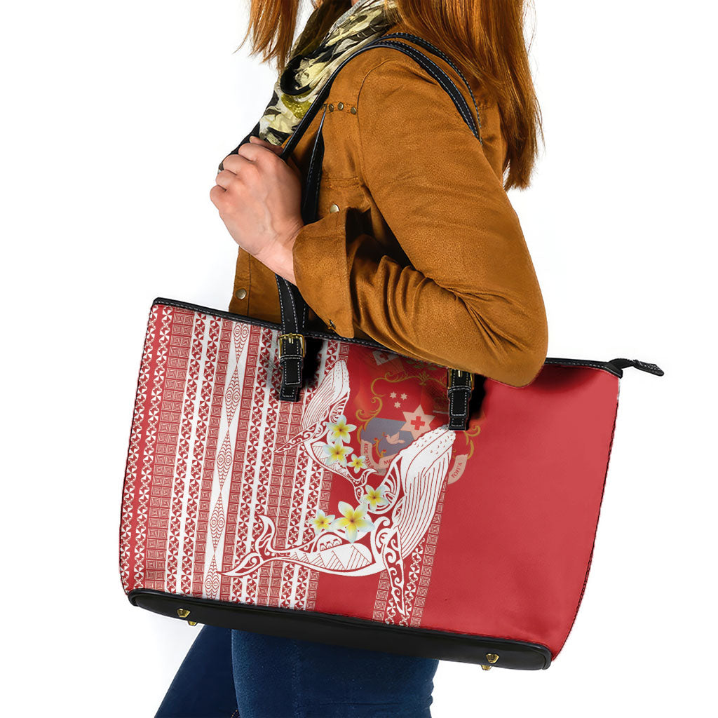 Swimming With Humpback Whales Season Tonga Leather Tote Bag Tongan Tofuaa Ngatu Pattern Red