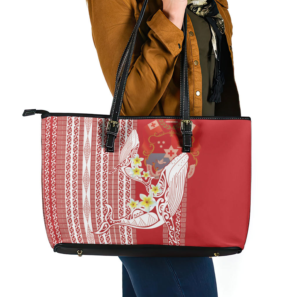 Swimming With Humpback Whales Season Tonga Leather Tote Bag Tongan Tofuaa Ngatu Pattern Red