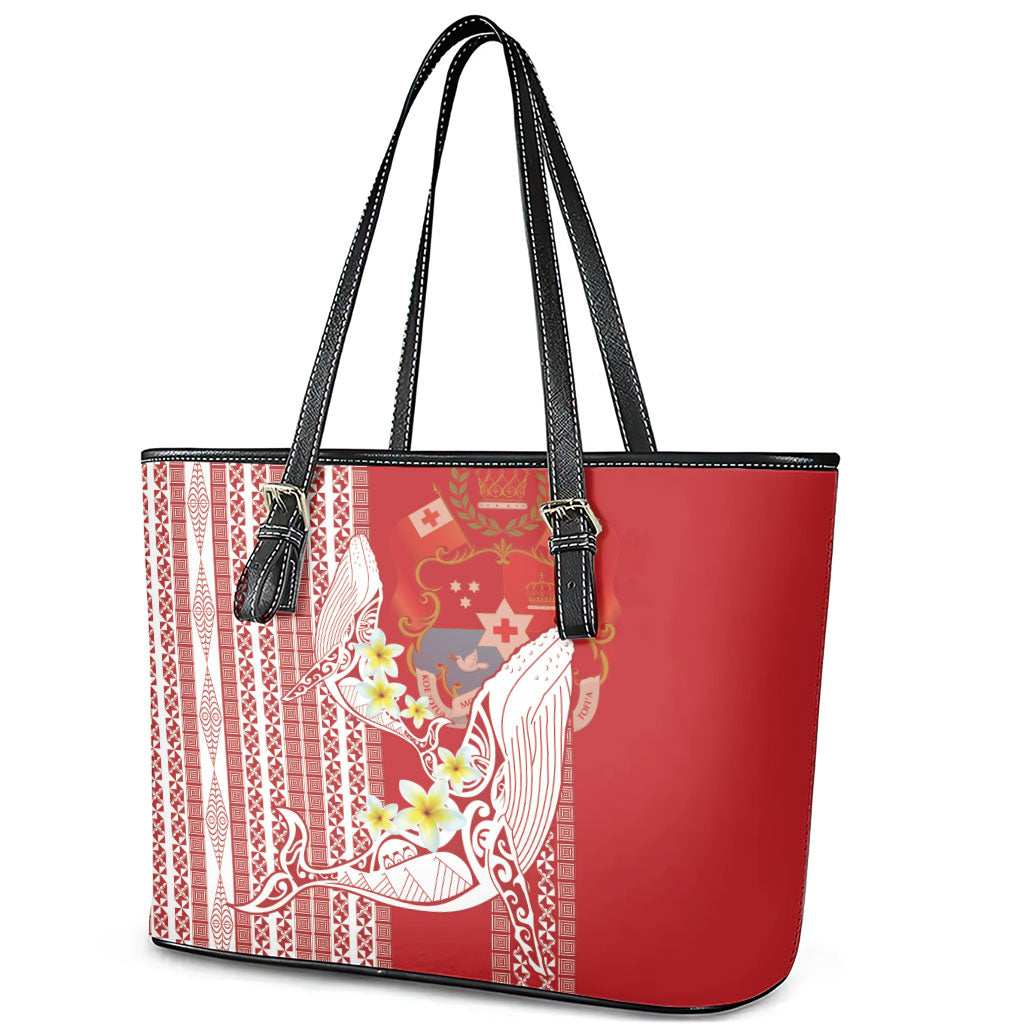 Swimming With Humpback Whales Season Tonga Leather Tote Bag Tongan Tofuaa Ngatu Pattern Red