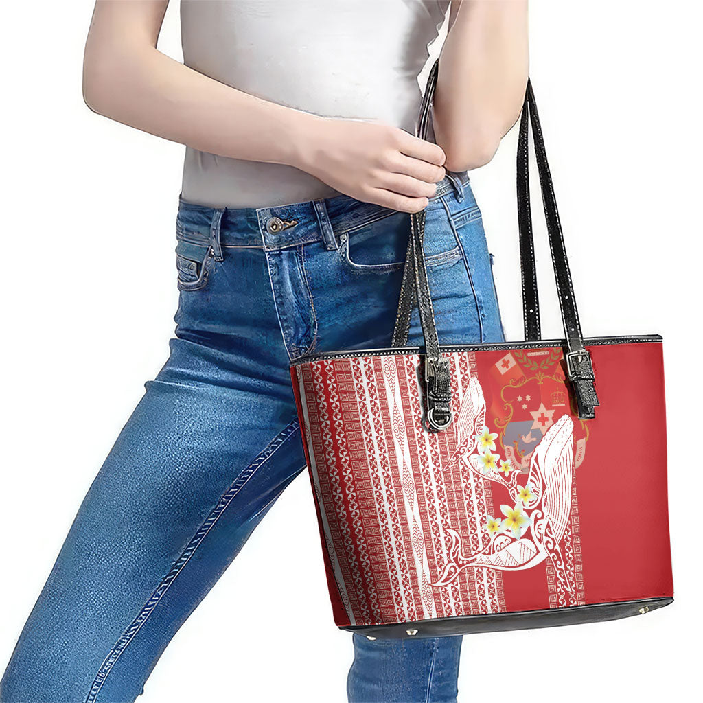 Swimming With Humpback Whales Season Tonga Leather Tote Bag Tongan Tofuaa Ngatu Pattern Red