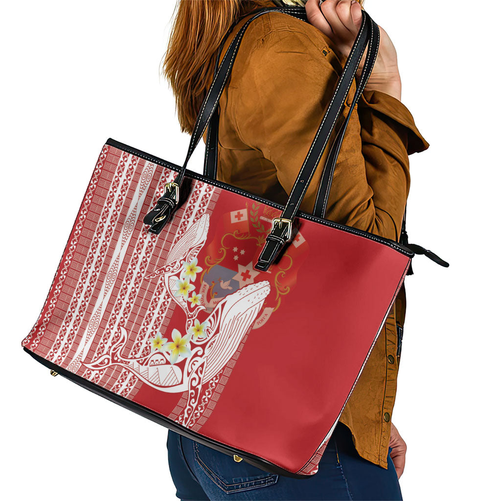 Swimming With Humpback Whales Season Tonga Leather Tote Bag Tongan Tofuaa Ngatu Pattern Red