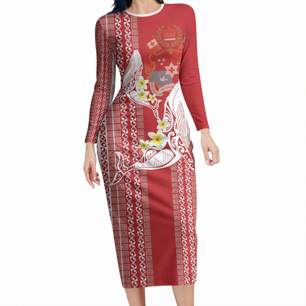 Swimming With Humpback Whales Season Tonga Long Sleeve Bodycon Dress Tongan Tofuaa Ngatu Pattern Red