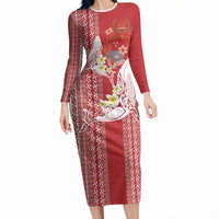 Swimming With Humpback Whales Season Tonga Long Sleeve Bodycon Dress Tongan Tofuaa Ngatu Pattern Red