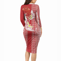 Swimming With Humpback Whales Season Tonga Long Sleeve Bodycon Dress Tongan Tofuaa Ngatu Pattern Red