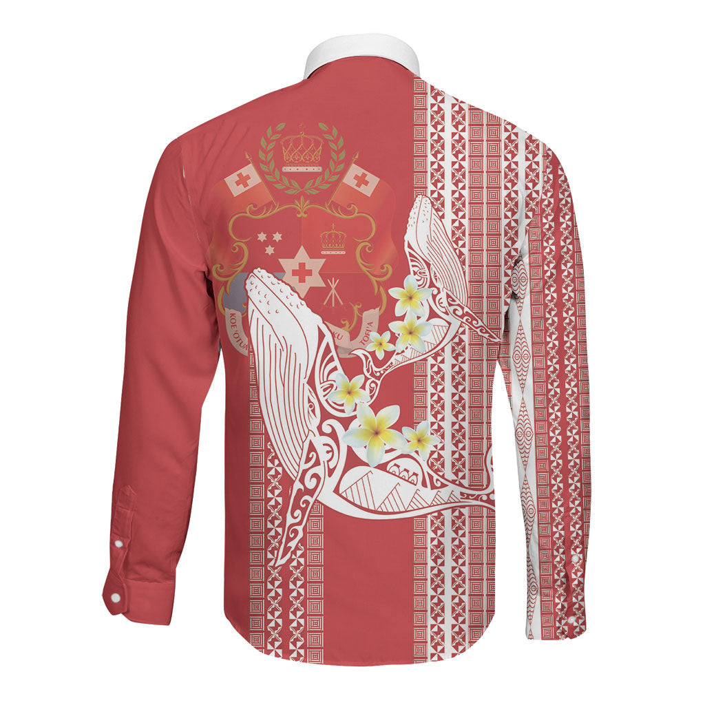 Swimming With Humpback Whales Season Tonga Long Sleeve Button Shirt Tongan Tofuaa Ngatu Pattern Red
