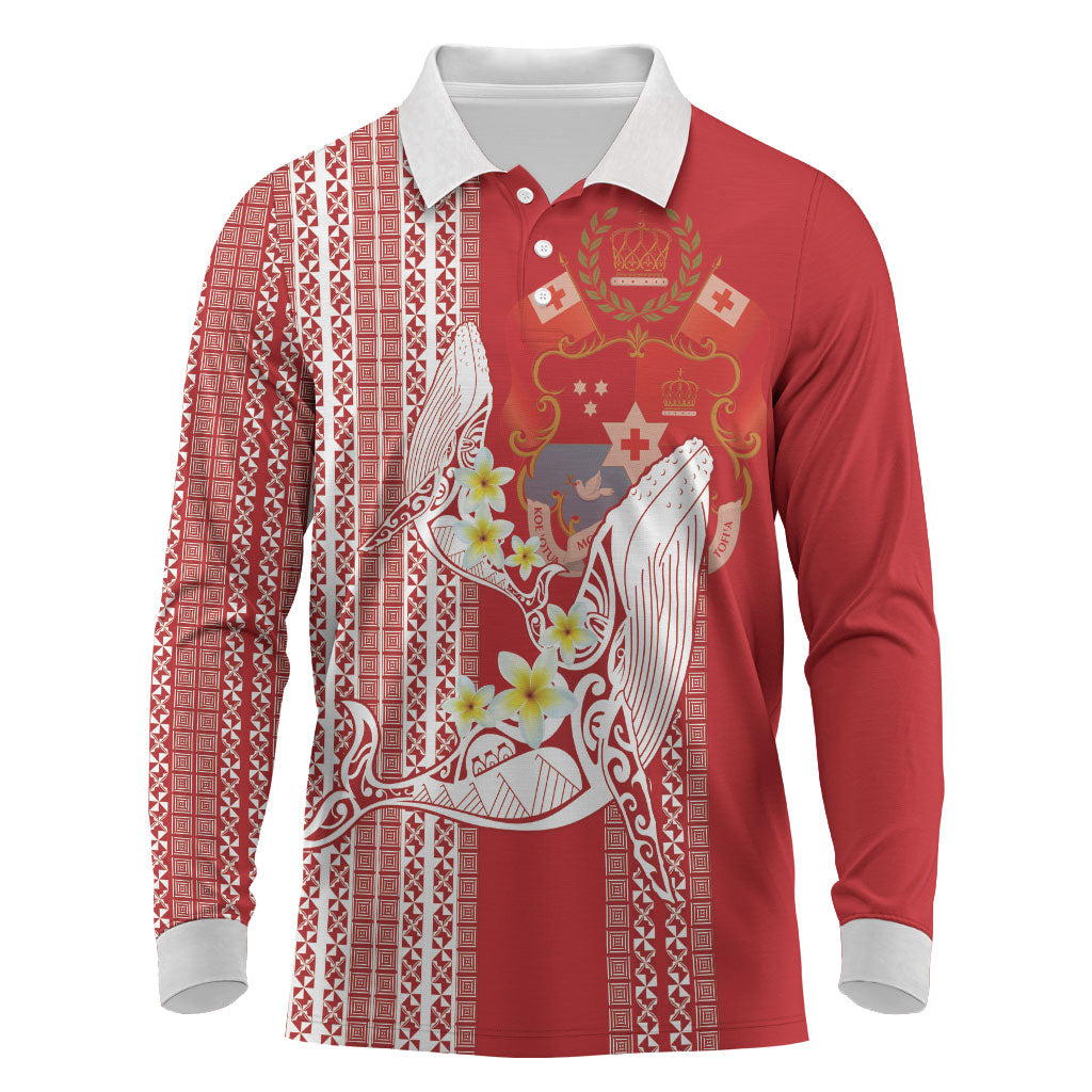 Swimming With Humpback Whales Season Tonga Long Sleeve Polo Shirt Tongan Tofuaa Ngatu Pattern Red