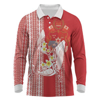 Swimming With Humpback Whales Season Tonga Long Sleeve Polo Shirt Tongan Tofuaa Ngatu Pattern Red
