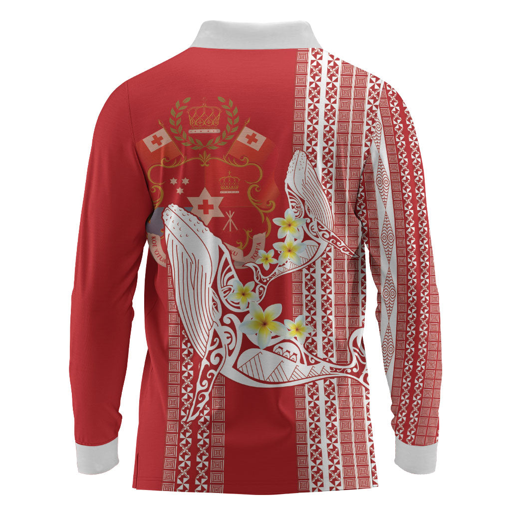 Swimming With Humpback Whales Season Tonga Long Sleeve Polo Shirt Tongan Tofuaa Ngatu Pattern Red