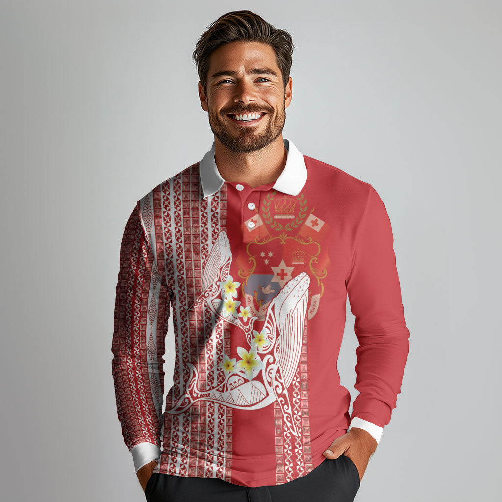 Swimming With Humpback Whales Season Tonga Long Sleeve Polo Shirt Tongan Tofuaa Ngatu Pattern Red