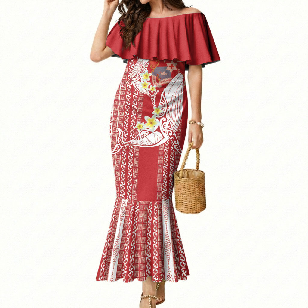 Swimming With Humpback Whales Season Tonga Mermaid Dress Tongan Tofuaa Ngatu Pattern Red