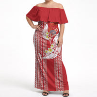Swimming With Humpback Whales Season Tonga Off Shoulder Maxi Dress Tongan Tofuaa Ngatu Pattern Red