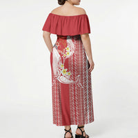 Swimming With Humpback Whales Season Tonga Off Shoulder Maxi Dress Tongan Tofuaa Ngatu Pattern Red