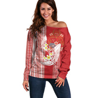 Swimming With Humpback Whales Season Tonga Off Shoulder Sweater Tongan Tofuaa Ngatu Pattern Red