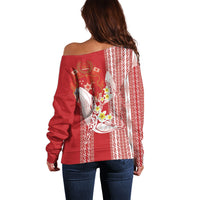 Swimming With Humpback Whales Season Tonga Off Shoulder Sweater Tongan Tofuaa Ngatu Pattern Red